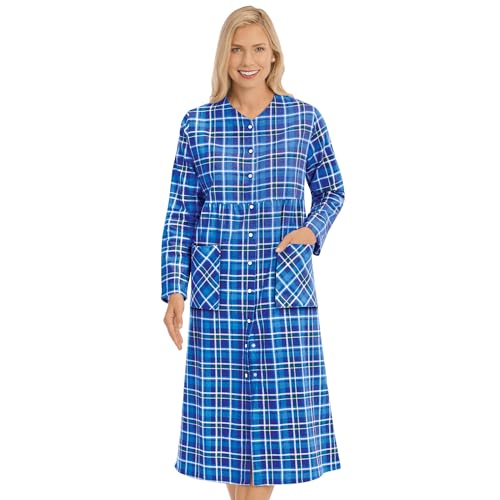 Collections Etc Comfortable Plaid Flannel Snap Front Robe with Pockets