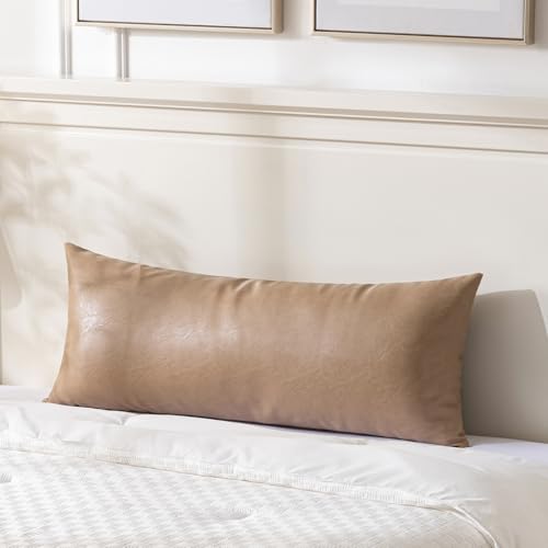 Image of Fancy Homi Tan Long Lumbar Faux Leather Body Decorative Throw Pillow Cover 14x36 Inch for Bedroom Couch Bed Bench, Thick Beige Solid Rectangular Waterproof Cushion Case, Boho Farmhouse Room Decor