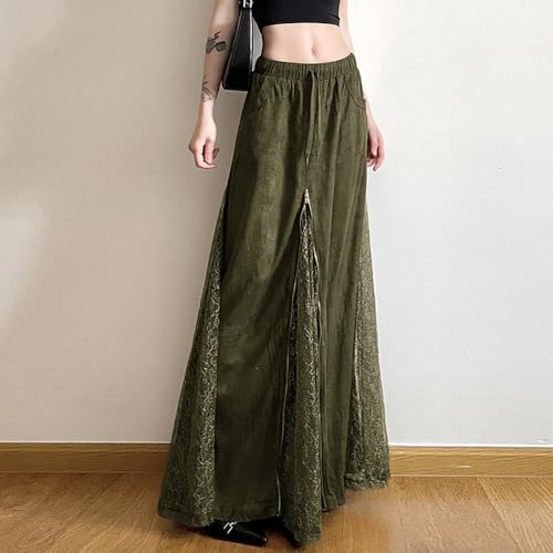 Women's Fashionable Casual Long Skirt, Summer Retro Artistic Style lace Patchwork Pocket Green Drawstring Skirt3