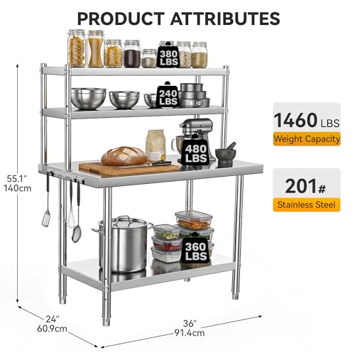 Image of DWVO 36x24in Stainless Steel Table with Adjustable Overshelf | NSF Metal Prep Worktable for Kitchen Restaurant Hotel Garage Warehouse Home Commercial