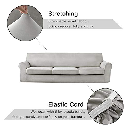 Maxmill MM-VS-LIGHT GREY-X LARGE 4 Piece Velvet Stretch Sofa Slipcovers Plush Velvet Extra Large Sofa Covers thumb #3