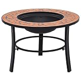 Susany Mosaik-Feuerstelle Multifunktional Feuerschale 68 x 68 x 45 cm,Gitterdesign,Feuerstelle Fire Pit Grillstelle Feuerkorb Mit Dreibeinständer für BBQ, Heizung,Garten,Stahl und Keramik