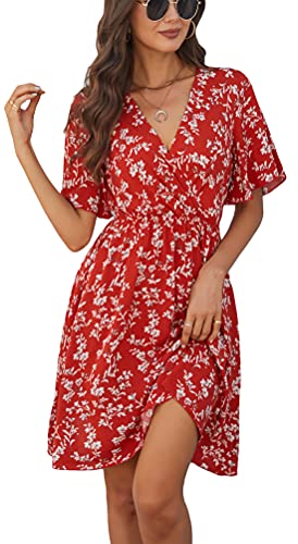 Image of Kormei Women's Boho Floral Print Flared Short Sleeve A Line Swing Flared Skater Summer Dress S Red Floral