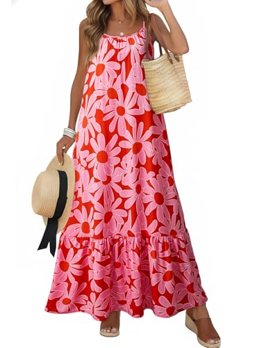 Dokotoo Womens Sundresses Scoop Neck Boho Maxi Dress Spaghetti Strap Sleeveless Sexy Dresses Ruffle A Line Flowy Beach Dresses X-Large Red