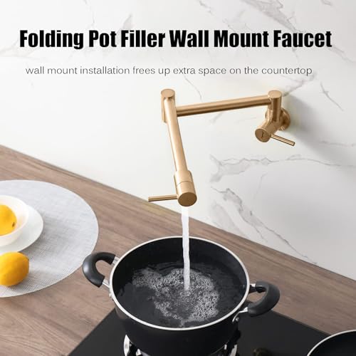 Image of Aquieen Wall Mounted Pot Filler Kitchen Faucet | Premium Brass Construction | Dual Valve Double Joint Swing Arm | 360 Rotating Folding Tap | Leak-Proof Ceramic Cartridge | Brushed Rose Gold