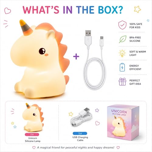 Image of HUMAIZAR Cute Unicorn Silicone LED Night Lamp - Soft Touch Kids Bedside Light for Girls Room, Nursery, Baby Sleep Lamp & Aesthetic Bedroom Decor