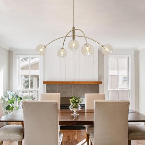 Image of Mid Century Modern Sputnik Chandelier 5-Light Gold Glass Ceiling Light Large Brass Chandelier for Dining Room Kitchen Bedroom