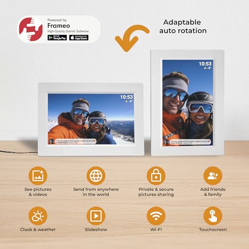 Denver Cyfrowa ramka na zdjęcia, biała, 10,1 cala z Wi-Fi – Frameo Digital Photo Frame Frame Frame z ekranem dotykowym i pamięcią 16 GB – elektryczna ramka na zdjęcia ze sterowaniem za pomocą