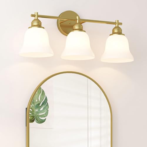 Mepplzian 3-Light Bathroom Vanity Light Brushed Gold Modern Fixture with Frosted Glass Shades, Over Mirror Lighting for Bathroom/Bedroom, 22 inch