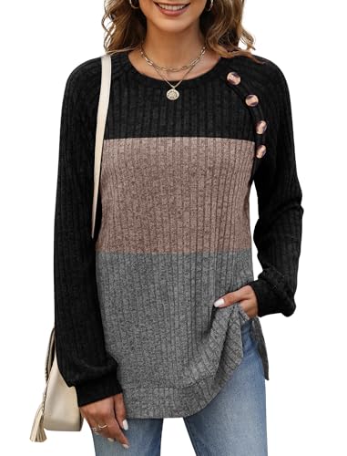 Image of Bofell Long Sleeve Shirts for Women Lightweight Button Decor Tunic Tops Side Split