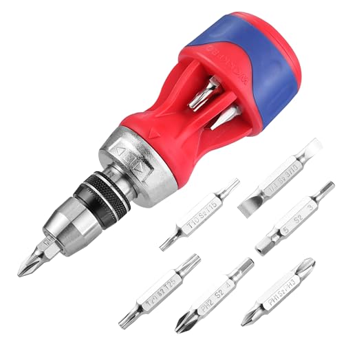 WORKPRO 12-in-1 Stubby Ratcheting Multi-bit Screwdriver, Short Screw Drivers with Magnetic, Quick-load Mechanism, Premium S2 Steel, Small Screwdriver with Double End Bits in Handle