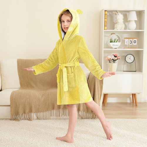 Kids Bath Robes Girls Light Yellow Pattern Hooded Pajamas3