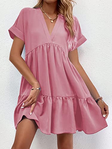 Image of WDIRARA Women's Roll Up Short Sleeve V Neck Ruffle Hem Solid Swing Smock Dress