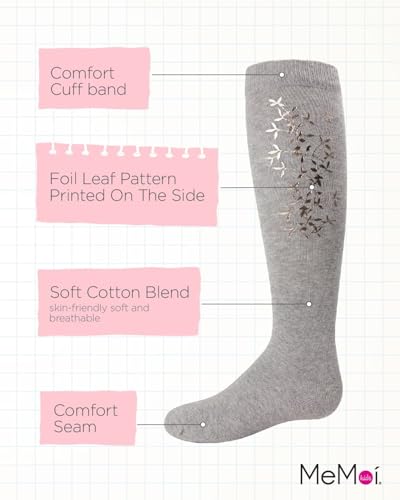 MeMoi Foil and Foliage Cotton Blend Girls Knee Socks Light Gray 83