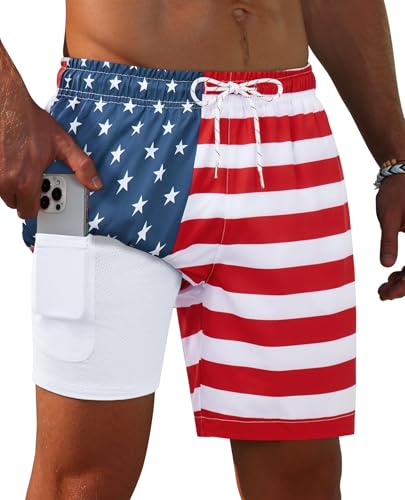 Image of Gleeease 7inch Mens Swim Trunks 2 in 1 with Compression Liner Pockets Drawstring Quick Dry Stretch Lined Funny Beach Pool