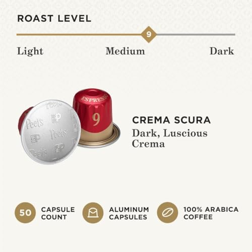 Peet's Coffee, Medium Roast Espresso Capsules, Compatible with Nespresso Original Machine - Crema Scura Intensity 9, 50 Count (5 Boxes of 10 Espresso Capsules)