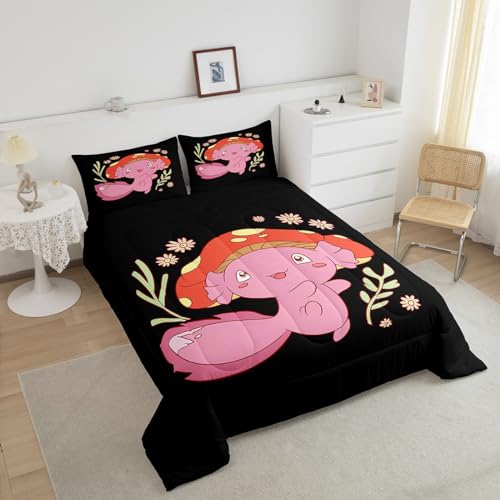 Image of Feelyou Axolotl Mushroom Fungus Comforter Set Queen Size Kids Boys Girls | Teens Flowers Cute Cartoon Kawaii Duvet Set Room Decor 3Pcs Warm Cozy Breathable Lightweight All Season