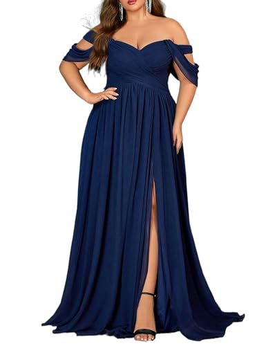 VOUIAO Womens Daily Plus Size Dresses A Line Chiffon Wedding Guest Bridesmaid Maxi Dress Prom Evening Party Cocktail Gown Hidden Blue 2XL