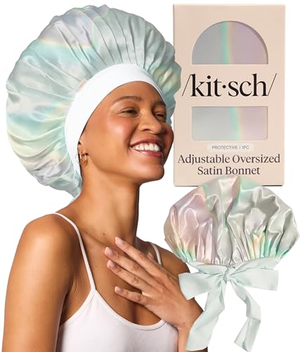 Kitsch XL Satin Bonnet for Sleeping - Softer Than Silk Bonnet For Sleeping Women - Secure Fit, Adjustable, Night Cap For Curly & Textured Hair - Prevents Breakage, Tangles & Thinning - Aura