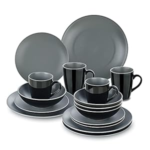 vancasso Lento bordenset van porselein, 16-delig, handbeschilderd, tafelservies van keramiek met 4 platte borden, 4 dessertborden, 4 kopjes, 4 schoteltjes voor 4 personen, grijs