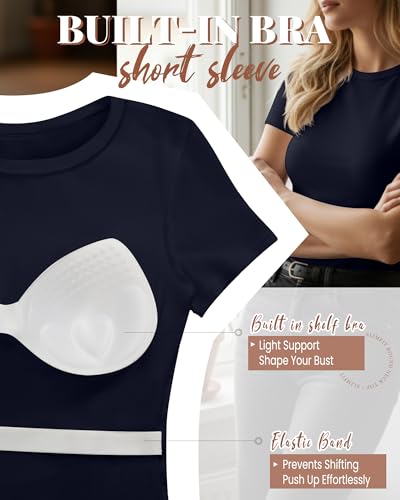Image of Evervibe Women Built-in Bra Short Sleeve Shirts Crewneck T-Shirt Slim Fit Going Out Tops Casual Summer Basic Tees