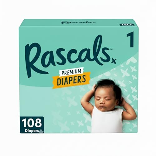 Image of Rascals Premium Absorbent Baby Diapers Size 1, 108 Count, with 5 Sensitive Infant Wipes