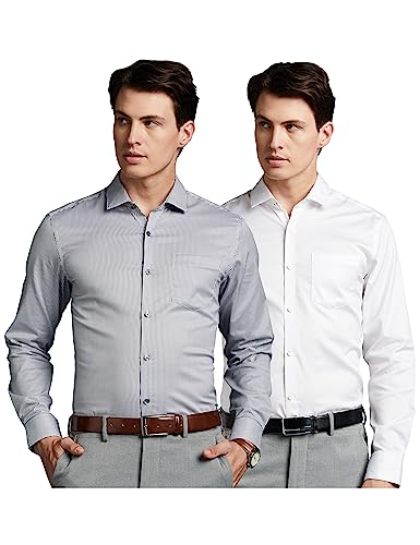 Image of Symbol Premium Men's Wrinkle-Resistant Cotton Formal Shirt (Regular Fit) | White + Grey Pin Stripe (Pack of 2) 39