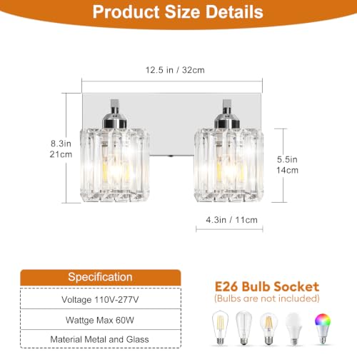 Image of Brushed Chrome Crystal Bathroom Vanity Light, 2-Light Modern Bathroom Lighting Fixtures Over Mirror,Chrome Wall Sconce Light Fixtures with Square Shade