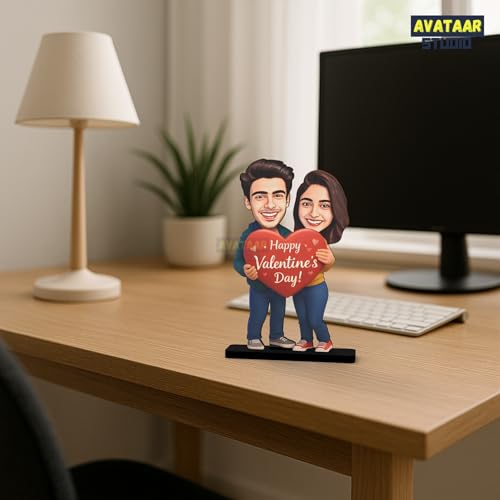 Image of Wood Rectangular Personalized Caricature Gift for Couple, 7 Inches, Tabletop Multicolor, Art Deco Style (LOVING COUPLE 1)