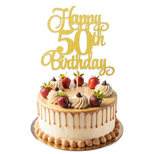 ZEYIYER 50th Birthday Cake Toppers Gold 50th Happy Birthday Cake Decorations for Women Men Glitter Fifty Years Old Cakes Pick for 50 Theme Party Supplies