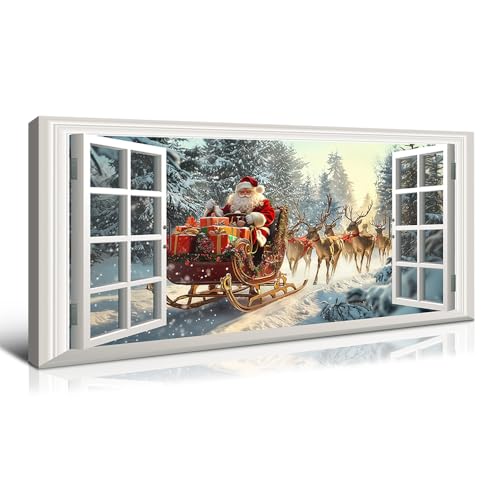 Wewejia Christmas Canvas Wall Art, Santa Claus and Reindeer Delivering