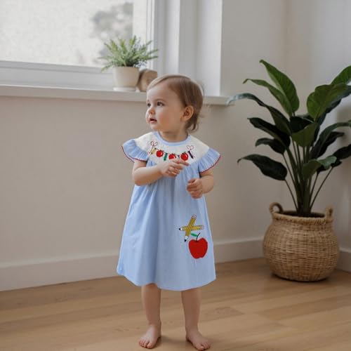 1-5Y Toddler Baby Girl First Day of The School Dress Smocked Apple Pencil Embroidery Stripe Dresses Kindergarten Clothes3
