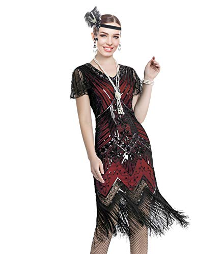 Image of Women 1920s Gatsby Vintage Sequin Flapper Fringe Party Plus Dress with 20s Accessories Set