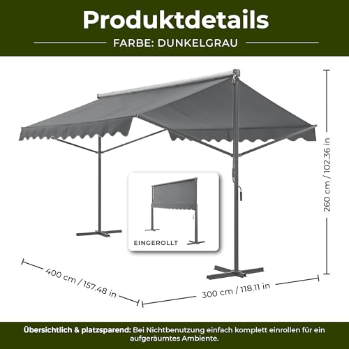 pro.tec Standmarkise Selenizza freistehende Markise 400x300x260cm Gartenmarkise Sonnenschutz Terrassenüberdachung Outdoor Terrasse Garten Balkon Dunkelgrau