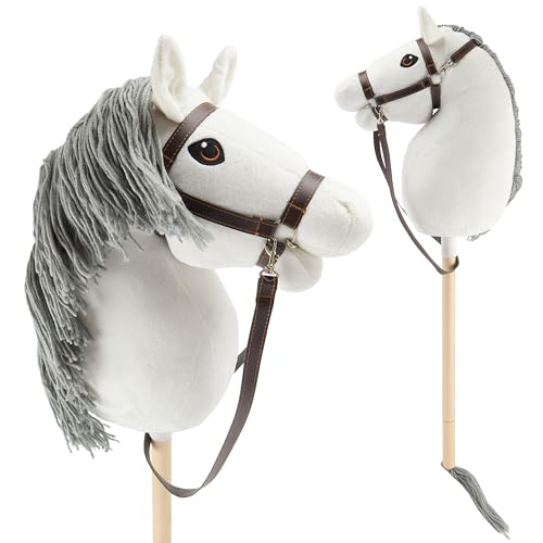 Bieco Hobby Horse Steckenpferd Schimmel - Größe M, mit Trense | Abnehmbarer Stock & Schweif, für Springreiten, Dressur & Spielen | Hobby Horse Pferde