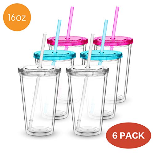 CIVAGO Clear Insulated Acrylic Plastic Tumbler Set with Lid and Reusable Straw, Classic Double Wall Tumbler Cup - 16 oz, 6 Pack (2 Fuchsia, 2 Blue, 2 Clear) - Thumbnail 2