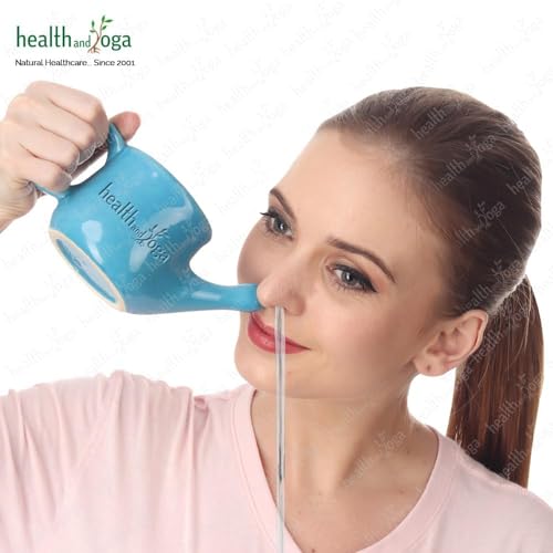 Image of HEALTHANDYOGA FloJar Ceramic Jal Neti Pot (250 ml, Blue)- Saline Nasal Wash Yoga Detox - Clears blocked nose & sinuses- For Common Cold, Headaches, Dust & Pollution- Lead-free, Spill-Proof Design