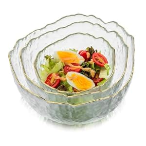 Glasseam Glass Salad Bowls: Clear Serving Bowls Set of 3 Blown Decorative Bowl for Home Decor Modern Cute Mixing Bowls Stacking Fruit Punch Bowl Decor for Kitchen Party Candy Snack Prep Dessert