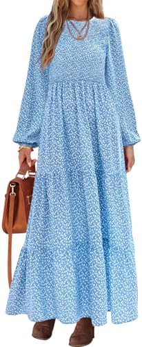 PRETTYGARDEN Women's Fall Dresses 2025 Long Sleeve Flowy Casual Floral Maxi Dress Crew Neck Smocked Tiered Long Dress