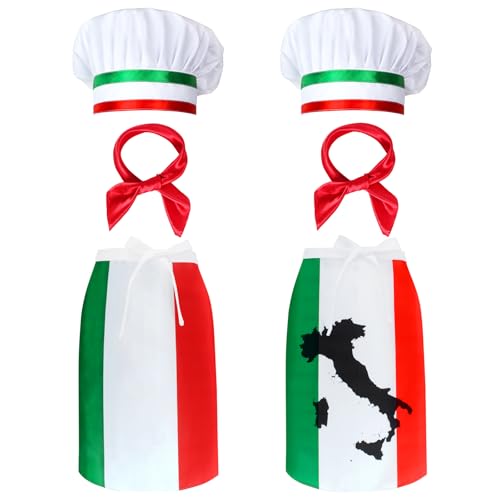 Kyson Disfraz de chef italiano, 6 piezas, delantal y sombrero de chef con bandera italiana, bandanas para hombre y mujer, decoración de fiesta temática de pizza (juego B)