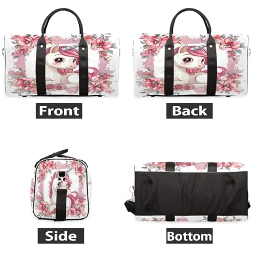 Cute Unicorn Floral Travel Duffle Bag, Sports Gym Bags for Women Men, Carry On Weekender Overnight Workout Airplane Trips Bag2