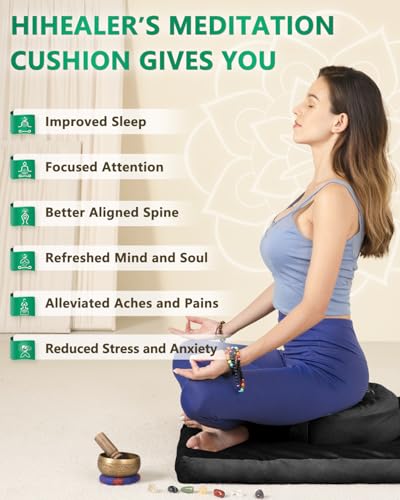 Hihealer Meditation Cushion Set Large Velvet Floor Pillow & Traditional Tibetan Yoga Bolster for Adults Zafu Meditation Mat with Buckwheat Filling (Black) - Image 6
