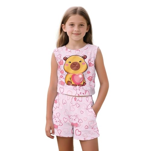 HUIACONG Capybara Girls Tank Tops and Shorts Size Size 11-12 Pink Capybara Heart Toddler Tank Tops Girls Pink Boys Sleeveless Top Shorts for Outdoor Athletics
