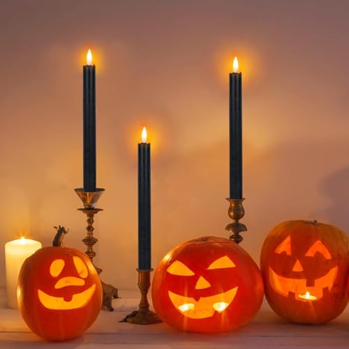 Image of Halloween Flameless Taper Candles with 6 Hour Timer, Battery Operated Black LED Taper Candles Real Wax 3D Wick Flickering Halloween Dinner Table Decor Lights(6 Pack, 0.78 inch x 9.64 inch)