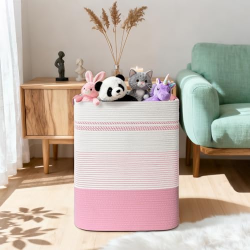 Image of Laundry Hamper, 85L Tall Laundry Basket with Leather Handles, Rectangle Large Clothes Hamper for Organizing, Cotton Woven Laundry Baskets Storage Hampers for Bedroom, Nursery, Living Room