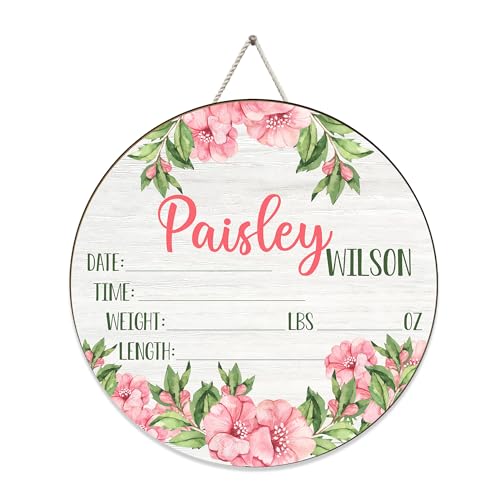 Mondily Personalized Baby Name Signs, Baby Birth Announcement Sign for Hospital, Floral Baby Name Signs for Nursery Decor, Wood Birth Stat Sign for Daughter Photography Prop Baby Shower Gifts 01