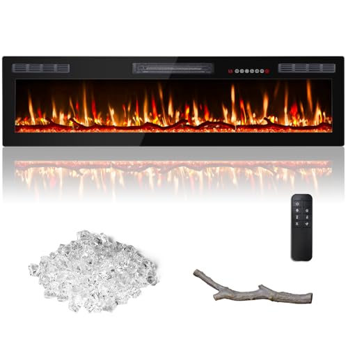 BOSSIN 72 Inch Ultra-Thin Silence Linear Electric Fireplace, Recessed and Wall Mounted Fireplace, Fireplace Heater with 12 Adjustable Flame Color, Remote Control, Log & Crystal Options, 750/1500W