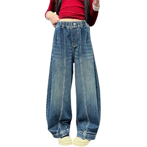 Girls Jeans Elastic Waist Straight Baggy Wide Leg Denim Pants Kids Teens Soft Comfortable Trousers