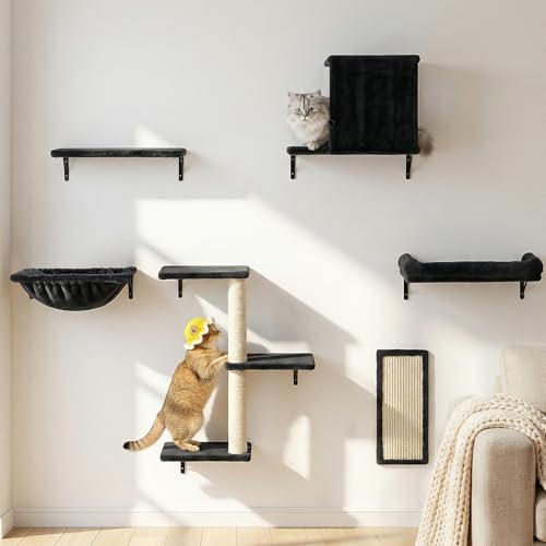 Aechonow Heavy Duty Cat Wall Shelves for Large Cats 6-in-1 Cat Furniture Set with 17 11.9 Large Perch Bed and Hammock Cat Climbing Wall Systems with Vertical Cat Scratcher