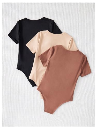 Milumia Girl's 3 Pack Ribbed Knit Bodysuits V Neck Short Sleeve Lettuce Trim Romper Jumpsuit Tops3